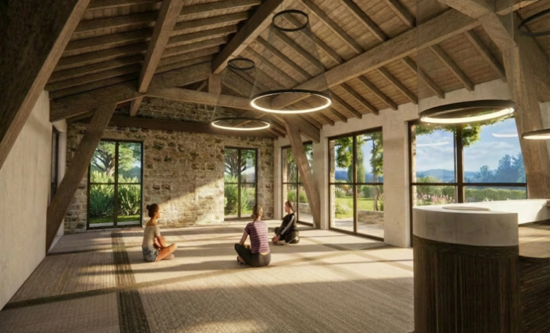 Grande salle lumineuse avec pratique de yoga pour seminaire ardeche