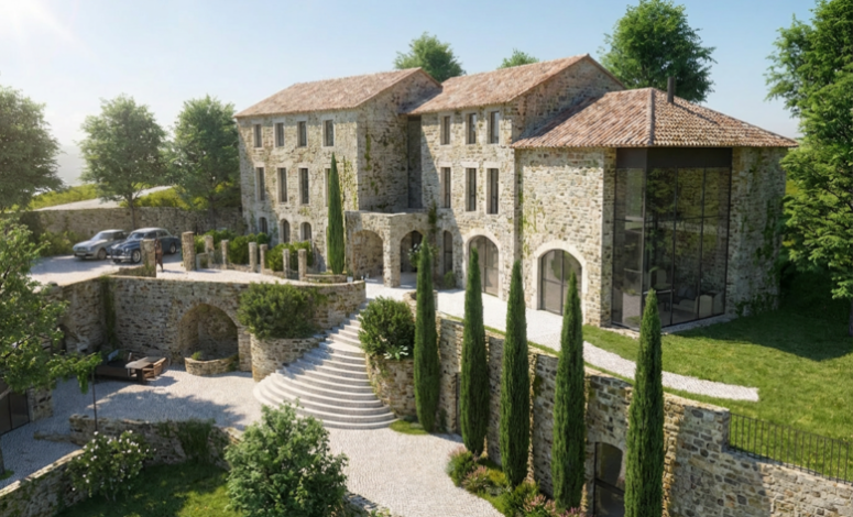 Extérieur élégant du domaine en pierre et nature pour seminaire ardeche