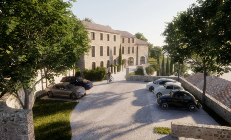 Vue du parking et accès extérieur du domaine pour seminaire ardeche