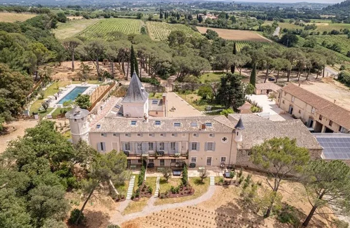 Vue aérienne du domaine avec piscine et vignes, château Label Clef Verte séminaire