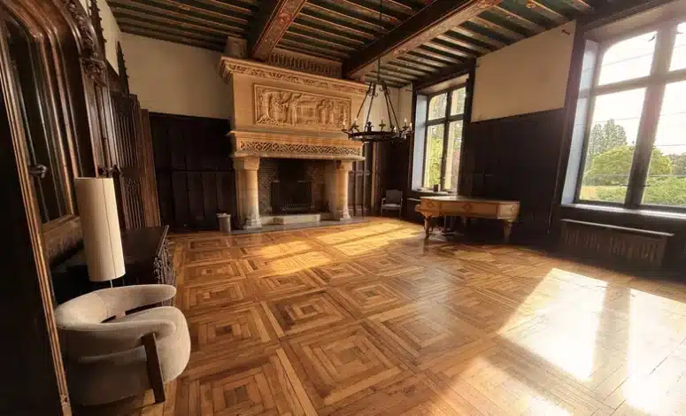 Grand salon du château, parquet et cheminée en pierre pour séminaire , off-site