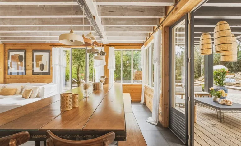 Grande table en bois dans la salle à manger pour travailler et se réunir